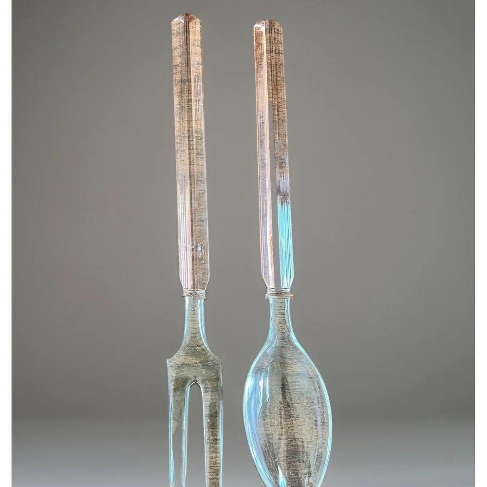 Vintage Pink Glass Salad Serving Fork Spoon Set Ribbed Handles Art Deco Style